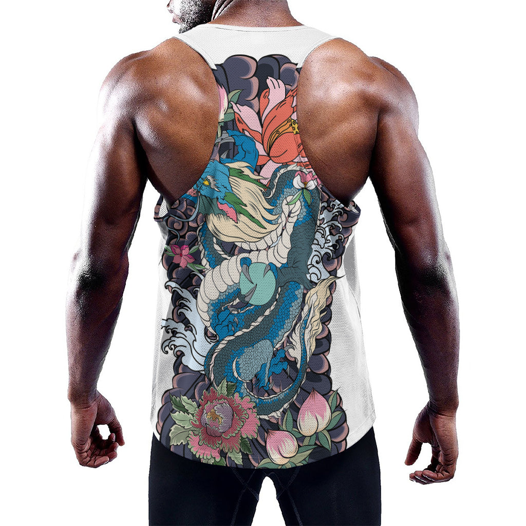 Blue Japanese Dragon Tattoo Print Training Tank Top