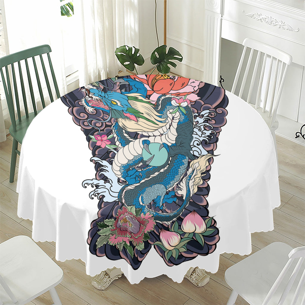 Blue Japanese Dragon Tattoo Print Waterproof Round Tablecloth