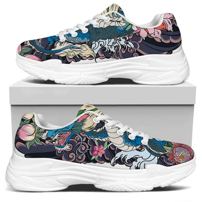 Blue Japanese Dragon Tattoo Print White Chunky Shoes