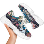 Blue Japanese Dragon Tattoo Print White Chunky Shoes