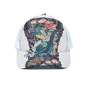 Blue Japanese Dragon Tattoo Print White Mesh Trucker Hat