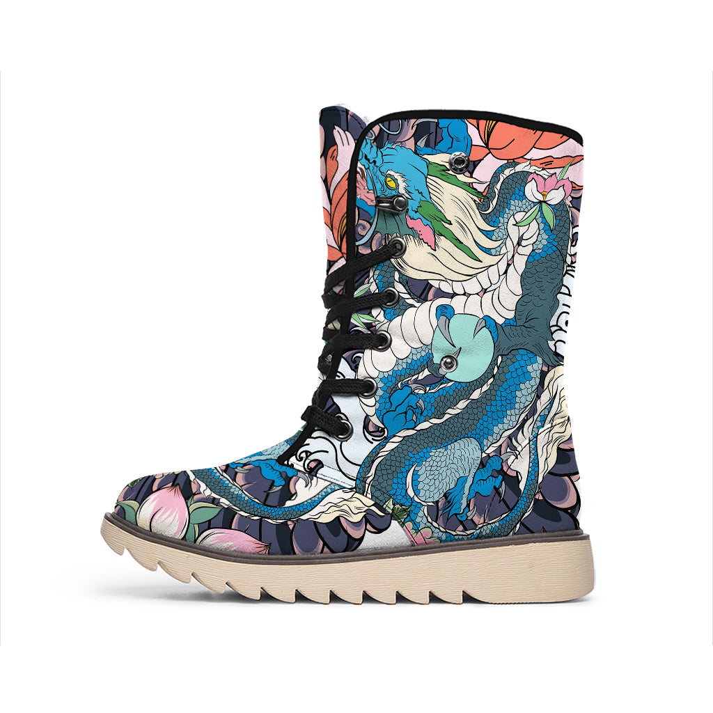 Blue Japanese Dragon Tattoo Print Winter Boots