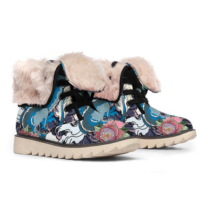 Blue Japanese Dragon Tattoo Print Winter Boots