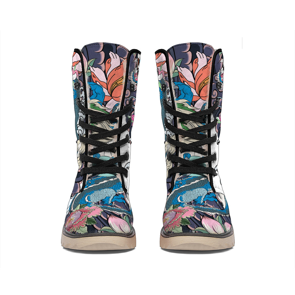 Blue Japanese Dragon Tattoo Print Winter Boots