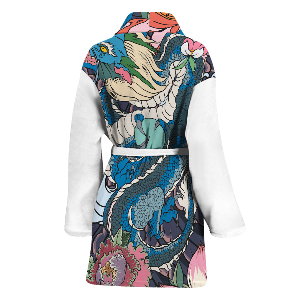 Blue Japanese Dragon Tattoo Print Women's Bathrobe