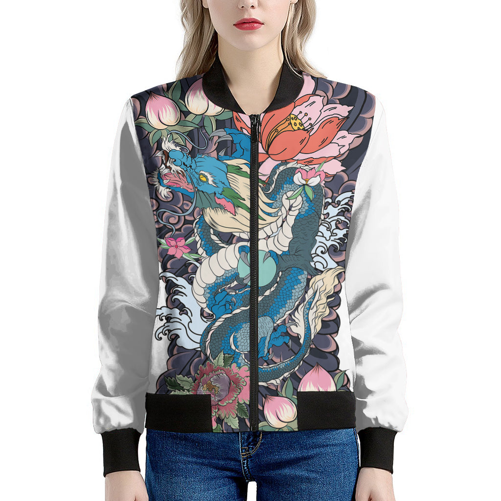 Blue Japanese Dragon Tattoo Print Women's Bomber Jacket