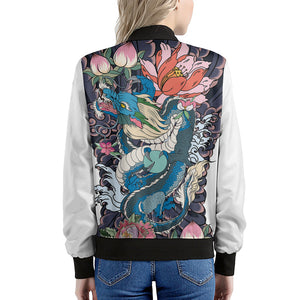 Blue Japanese Dragon Tattoo Print Women's Bomber Jacket