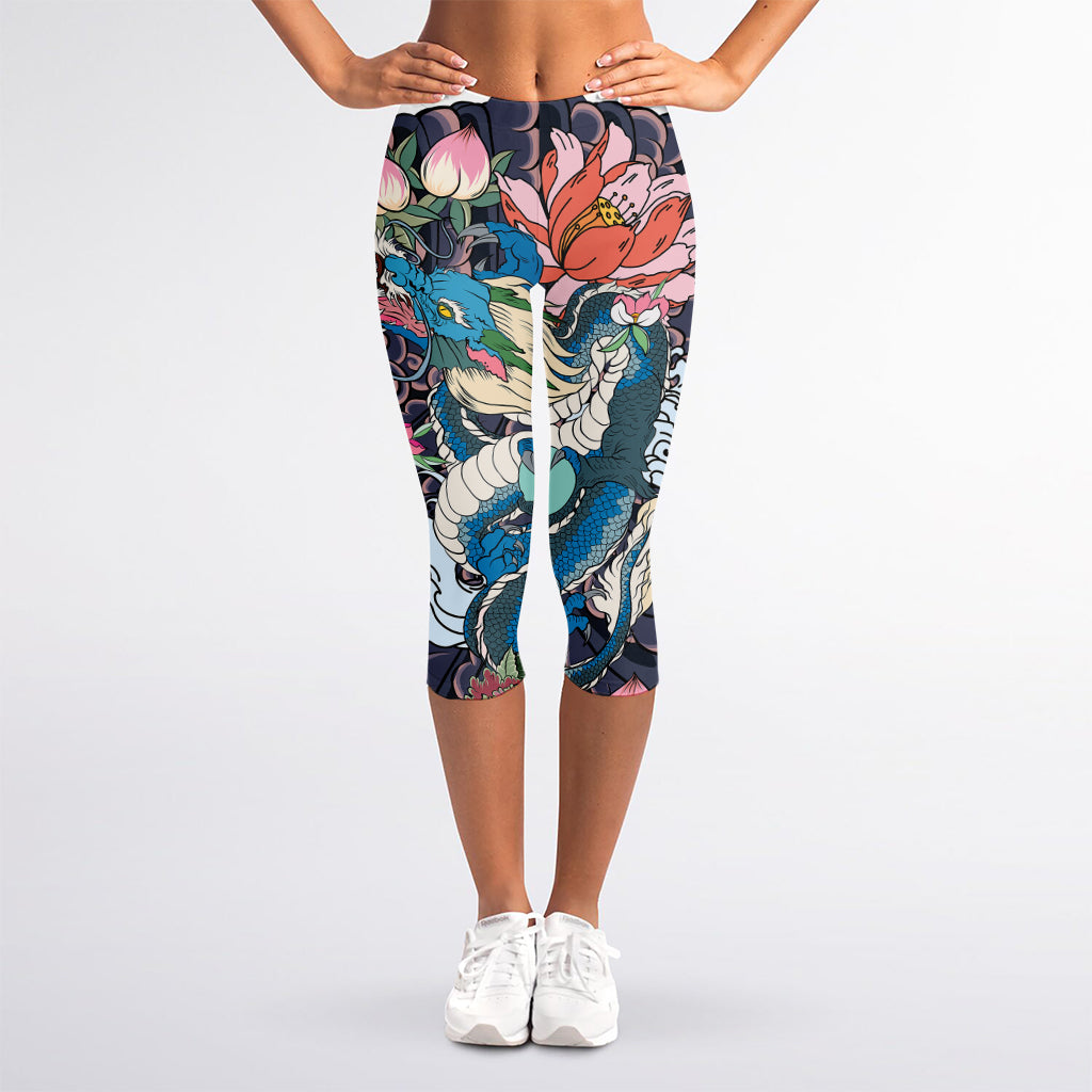 Blue Japanese Dragon Tattoo Print Women's Capri Leggings