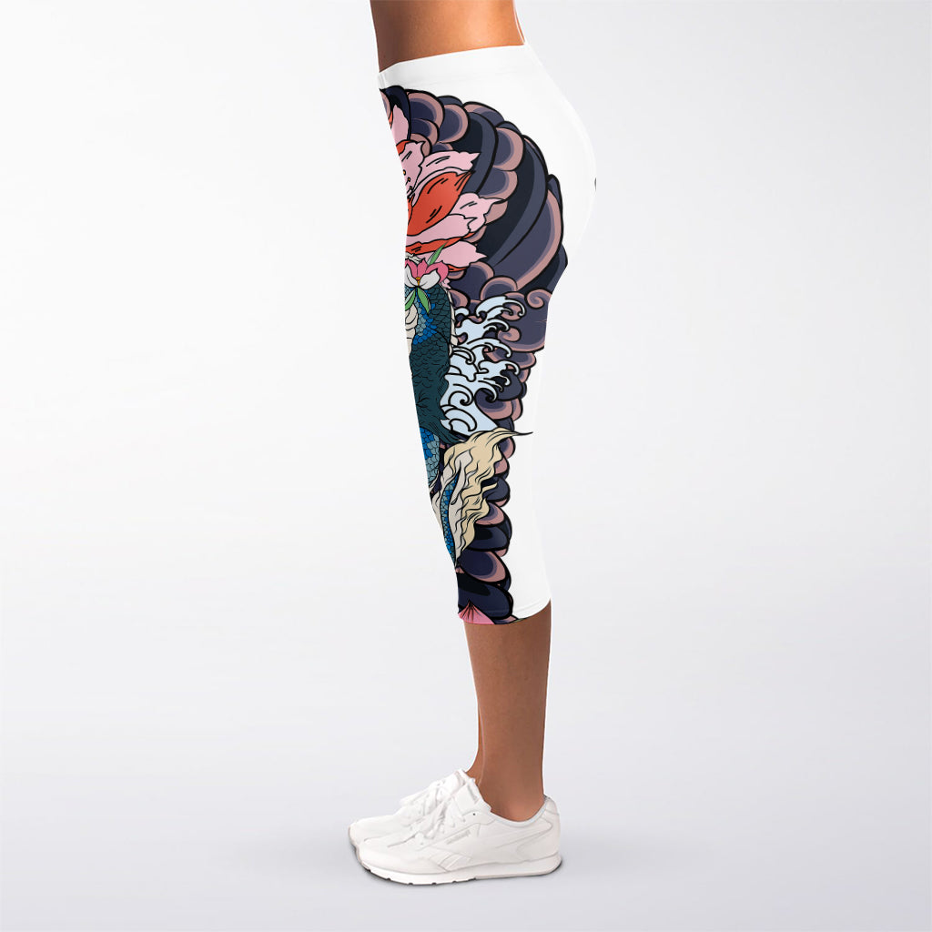 Blue Japanese Dragon Tattoo Print Women's Capri Leggings