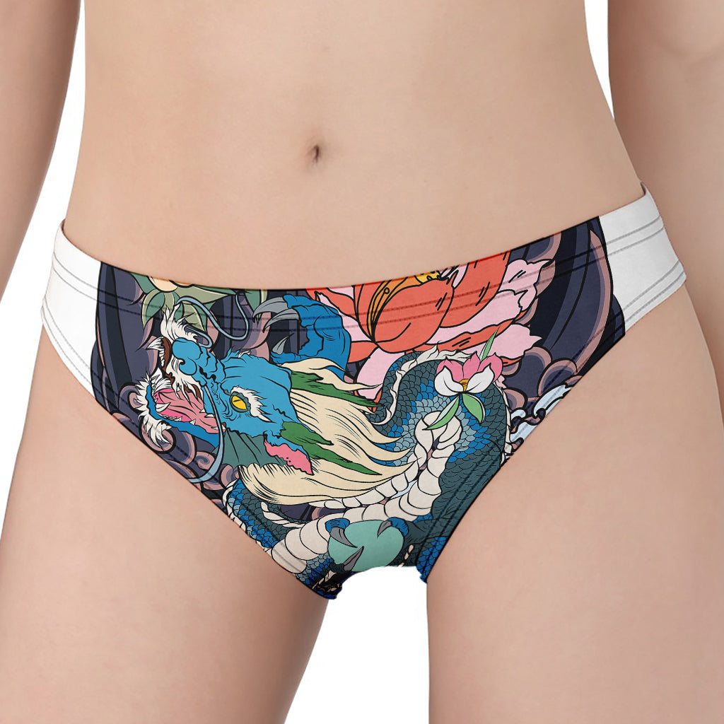 Blue Japanese Dragon Tattoo Print Women's Panties