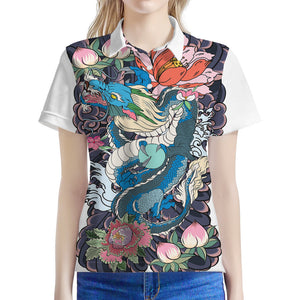 Blue Japanese Dragon Tattoo Print Women's Polo Shirt