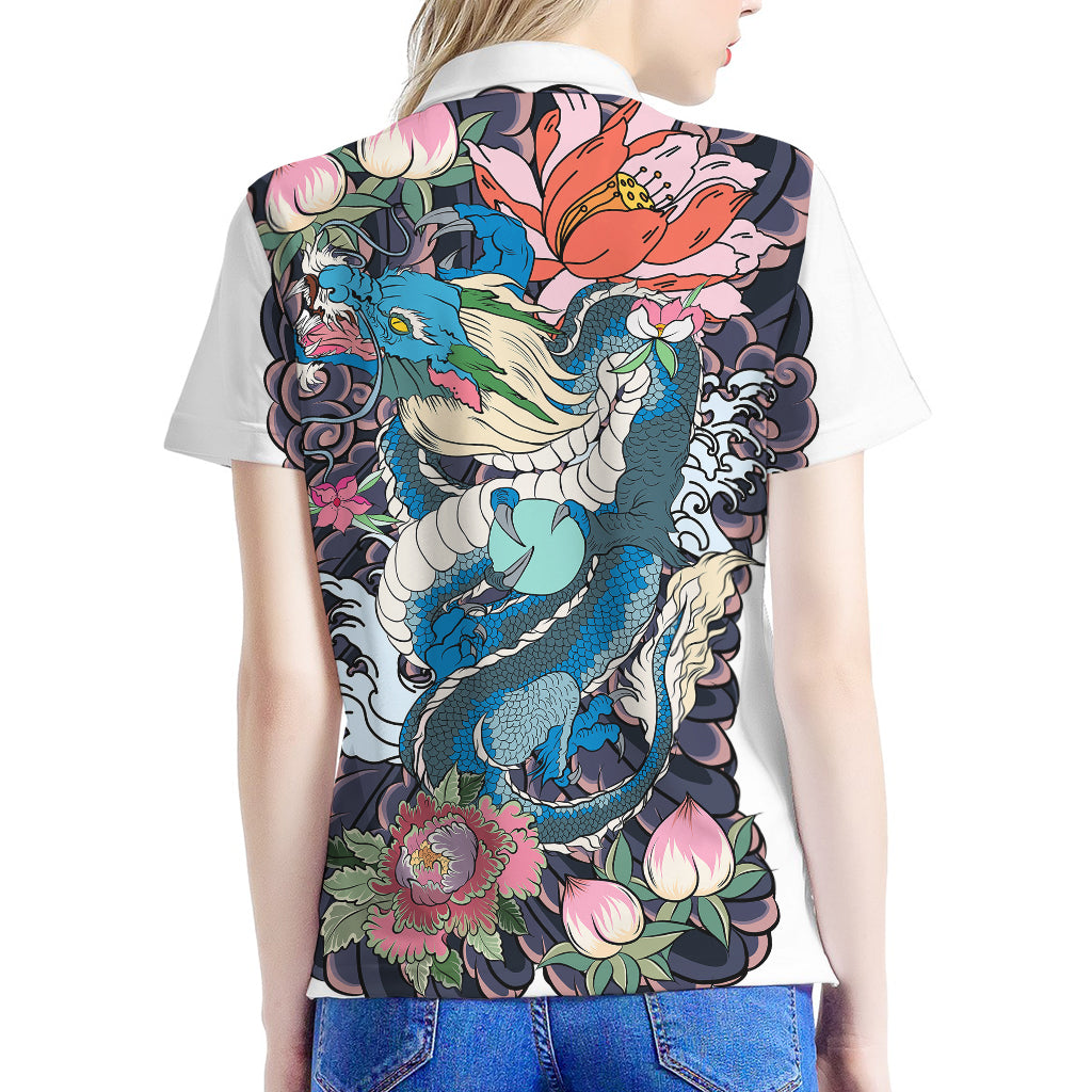 Blue Japanese Dragon Tattoo Print Women's Polo Shirt