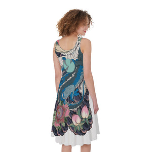 Blue Japanese Dragon Tattoo Print Women's Sleeveless Dress