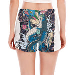 Blue Japanese Dragon Tattoo Print Women's Split Running Shorts