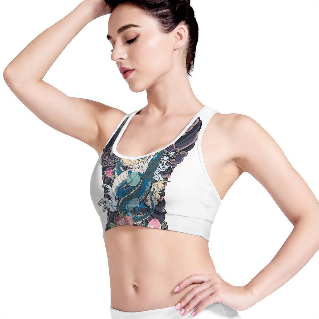 Blue Japanese Dragon Tattoo Print Women's Sports Bra