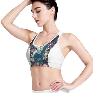 Blue Japanese Dragon Tattoo Print Women's Sports Bra