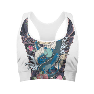 Blue Japanese Dragon Tattoo Print Women's Sports Bra