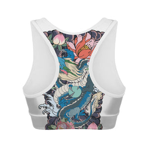 Blue Japanese Dragon Tattoo Print Women's Sports Bra