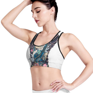 Blue Japanese Dragon Tattoo Print Women's Sports Bra