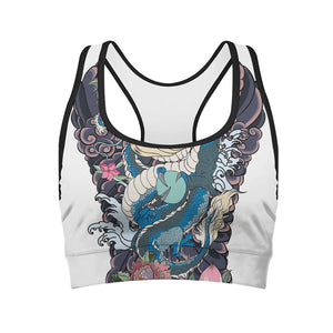 Blue Japanese Dragon Tattoo Print Women's Sports Bra