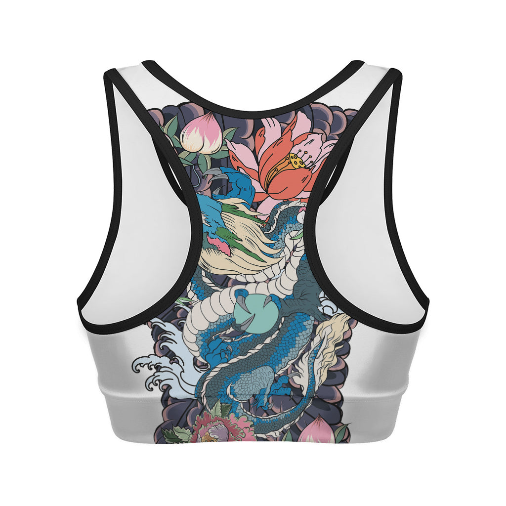 Blue Japanese Dragon Tattoo Print Women's Sports Bra