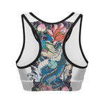 Blue Japanese Dragon Tattoo Print Women's Sports Bra