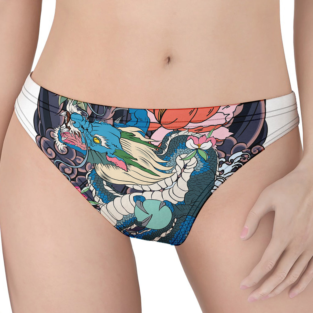 Blue Japanese Dragon Tattoo Print Women's Thong