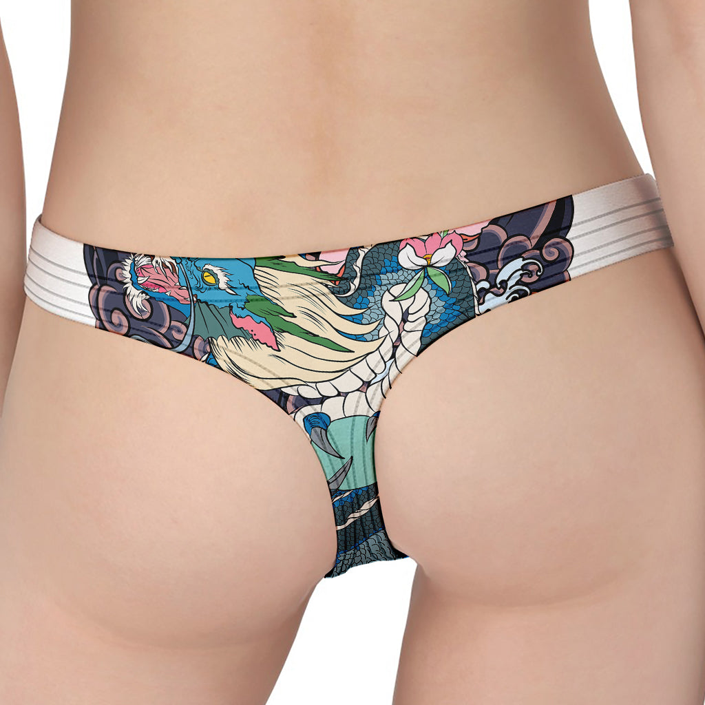 Blue Japanese Dragon Tattoo Print Women's Thong