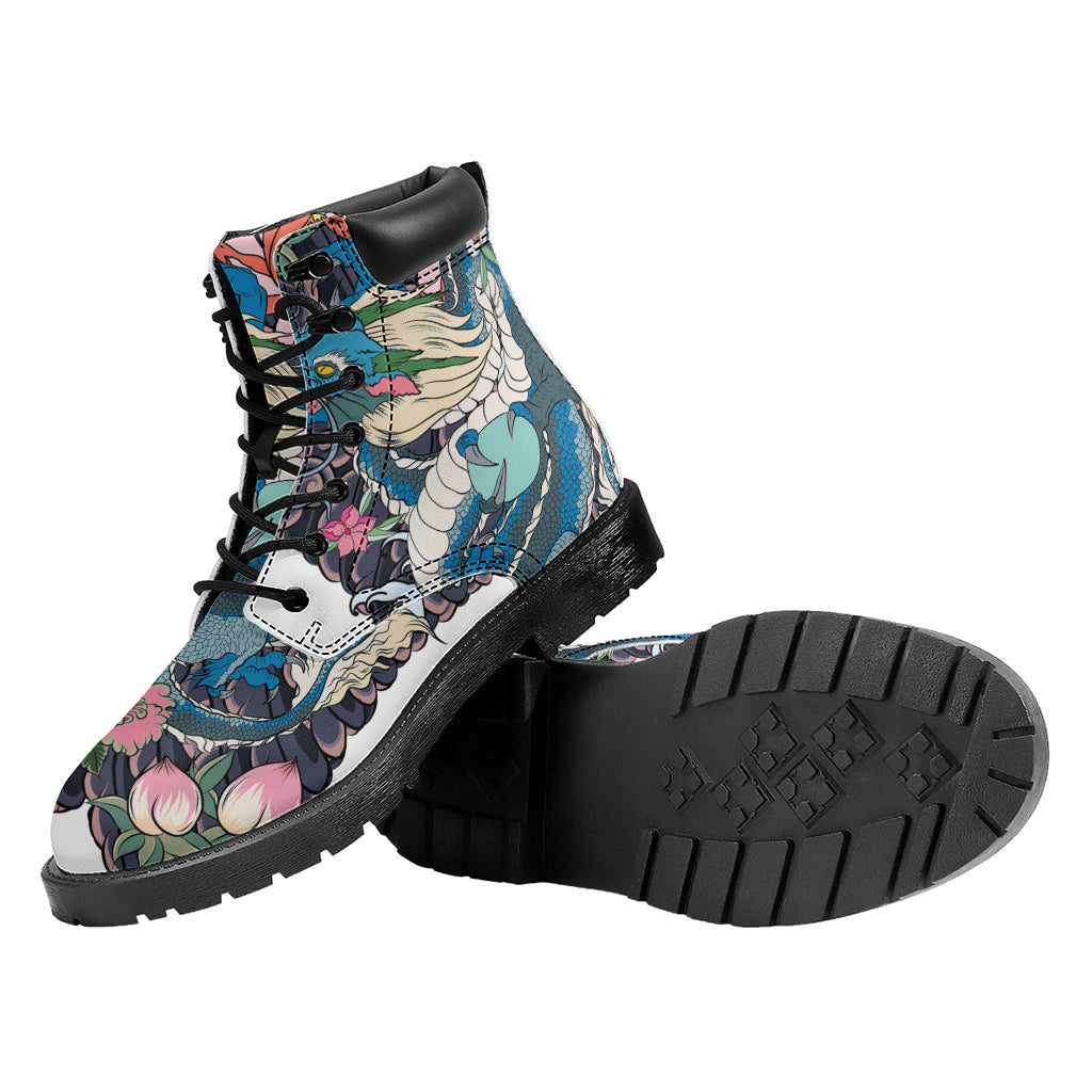 Blue Japanese Dragon Tattoo Print Work Boots