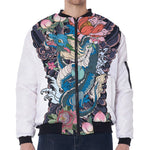 Blue Japanese Dragon Tattoo Print Zip Sleeve Bomber Jacket