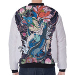 Blue Japanese Dragon Tattoo Print Zip Sleeve Bomber Jacket