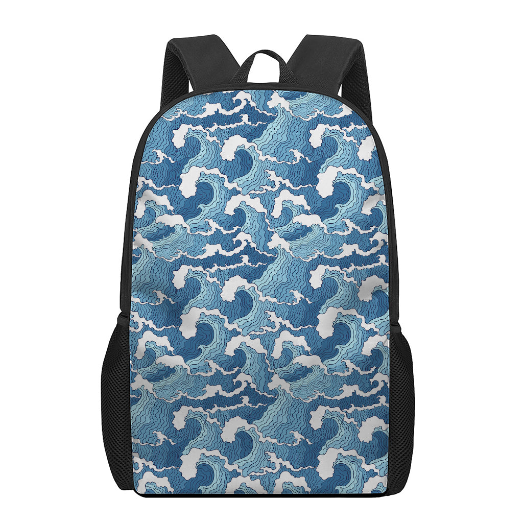 Blue Japanese Wave Pattern Print 17 Inch Backpack