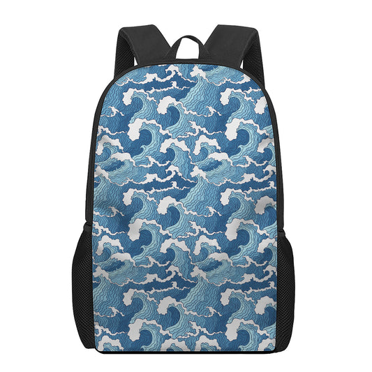 Blue Japanese Wave Pattern Print 17 Inch Backpack