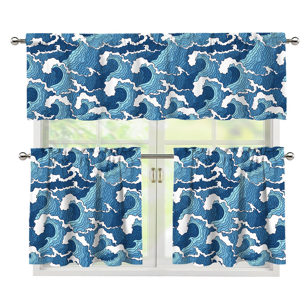 Blue Japanese Wave Pattern Print 3 Piece Kitchen Curtains