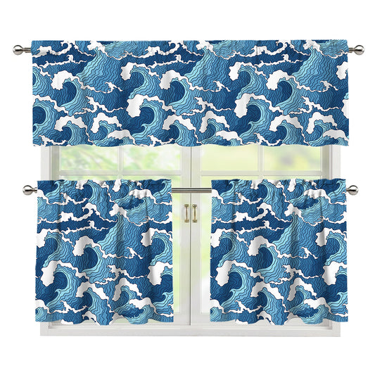 Blue Japanese Wave Pattern Print 3 Piece Kitchen Curtains