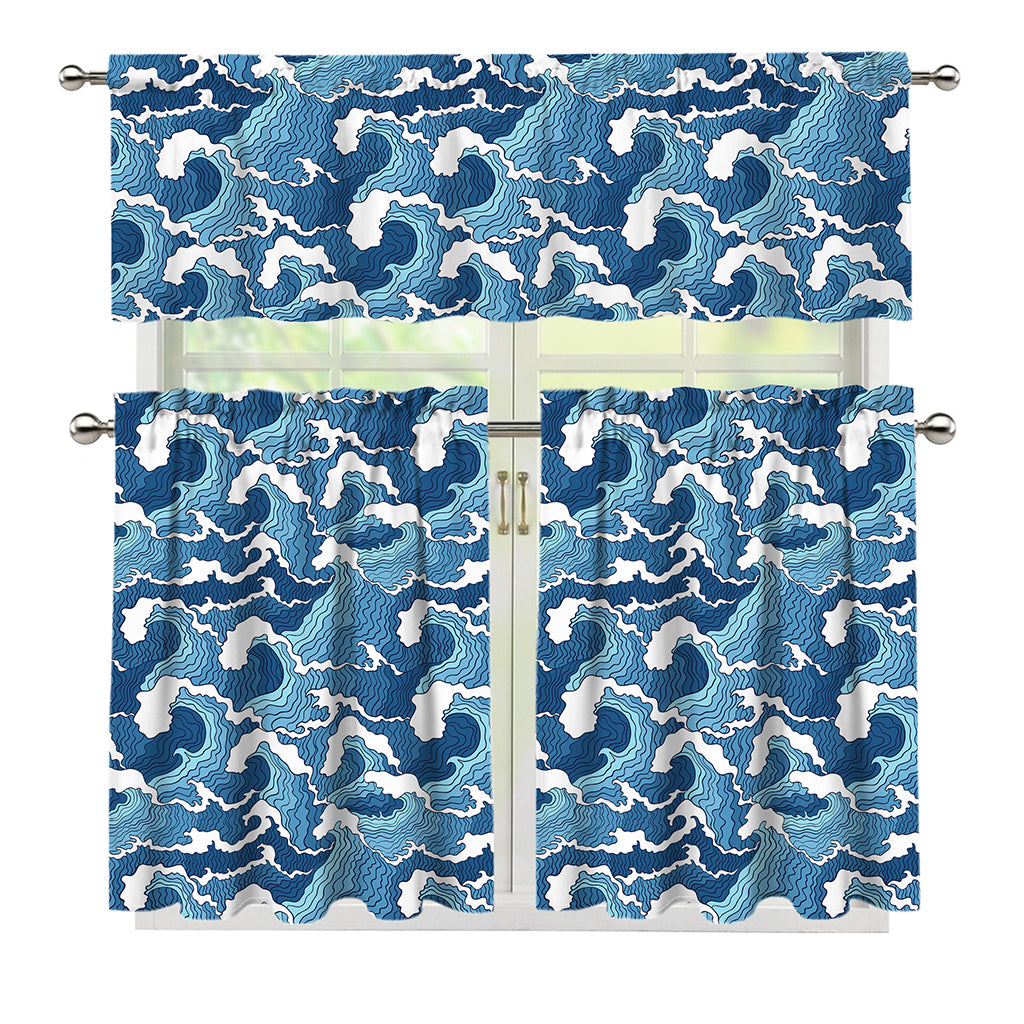 Blue Japanese Wave Pattern Print 3 Piece Kitchen Curtains