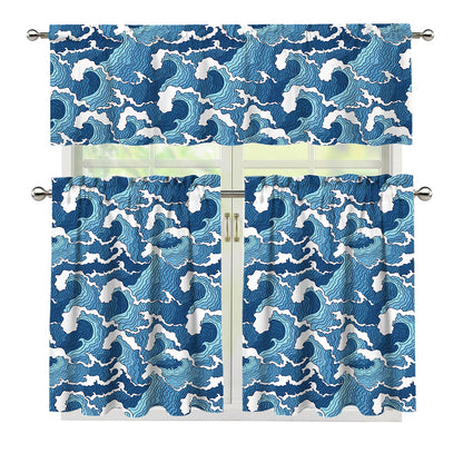Blue Japanese Wave Pattern Print 3 Piece Kitchen Curtains