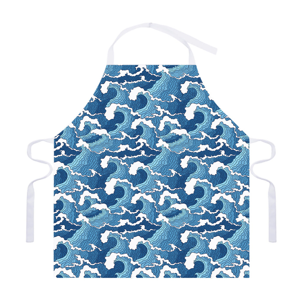 Blue Japanese Wave Pattern Print Adjustable Apron