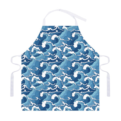 Blue Japanese Wave Pattern Print Adjustable Apron