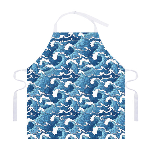 Blue Japanese Wave Pattern Print Adjustable Apron