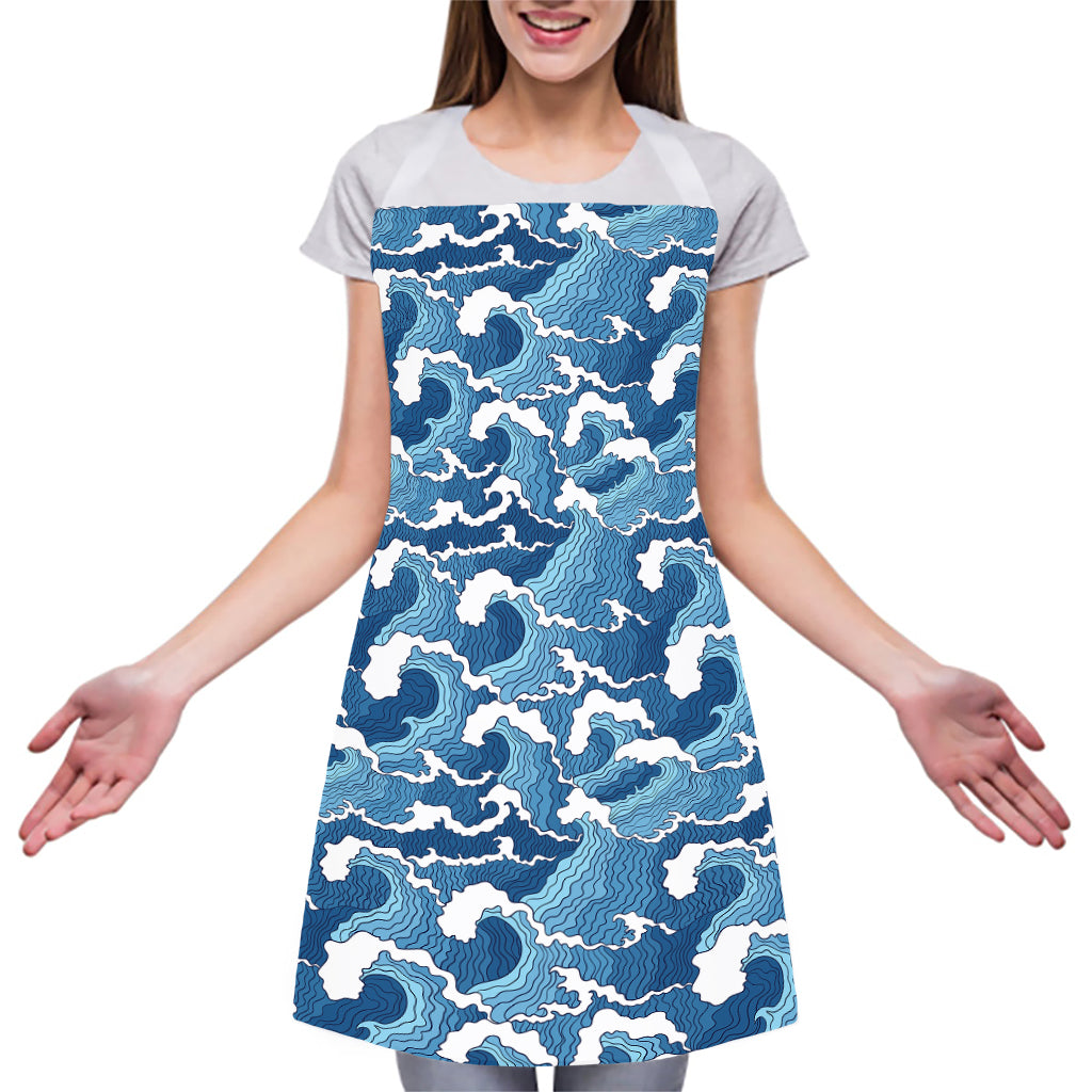 Blue Japanese Wave Pattern Print Adjustable Apron
