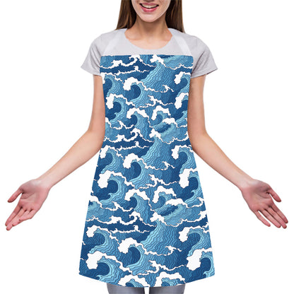 Blue Japanese Wave Pattern Print Adjustable Apron