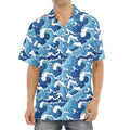 Blue Japanese Wave Pattern Print Aloha Shirt