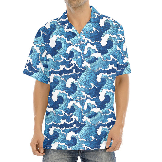 Blue Japanese Wave Pattern Print Aloha Shirt