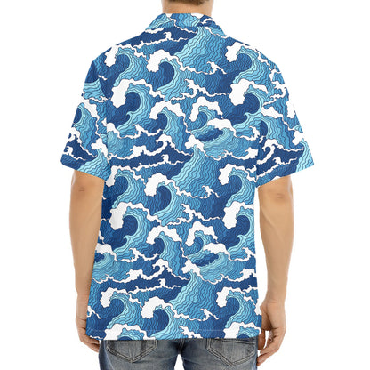 Blue Japanese Wave Pattern Print Aloha Shirt