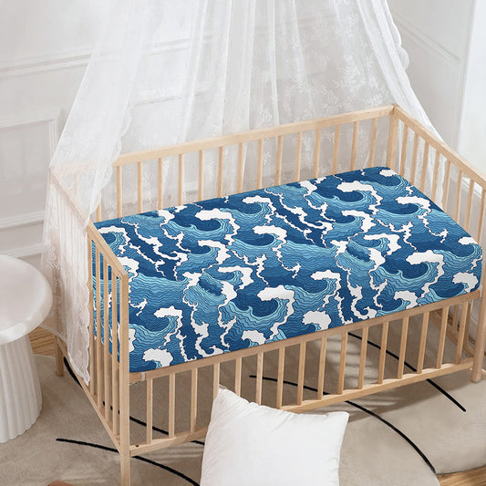 Blue Japanese Wave Pattern Print Baby Crib Sheet