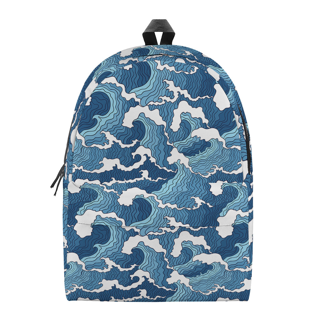Blue Japanese Wave Pattern Print Backpack