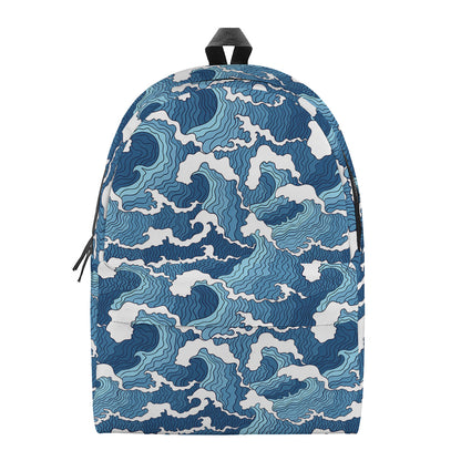 Blue Japanese Wave Pattern Print Backpack