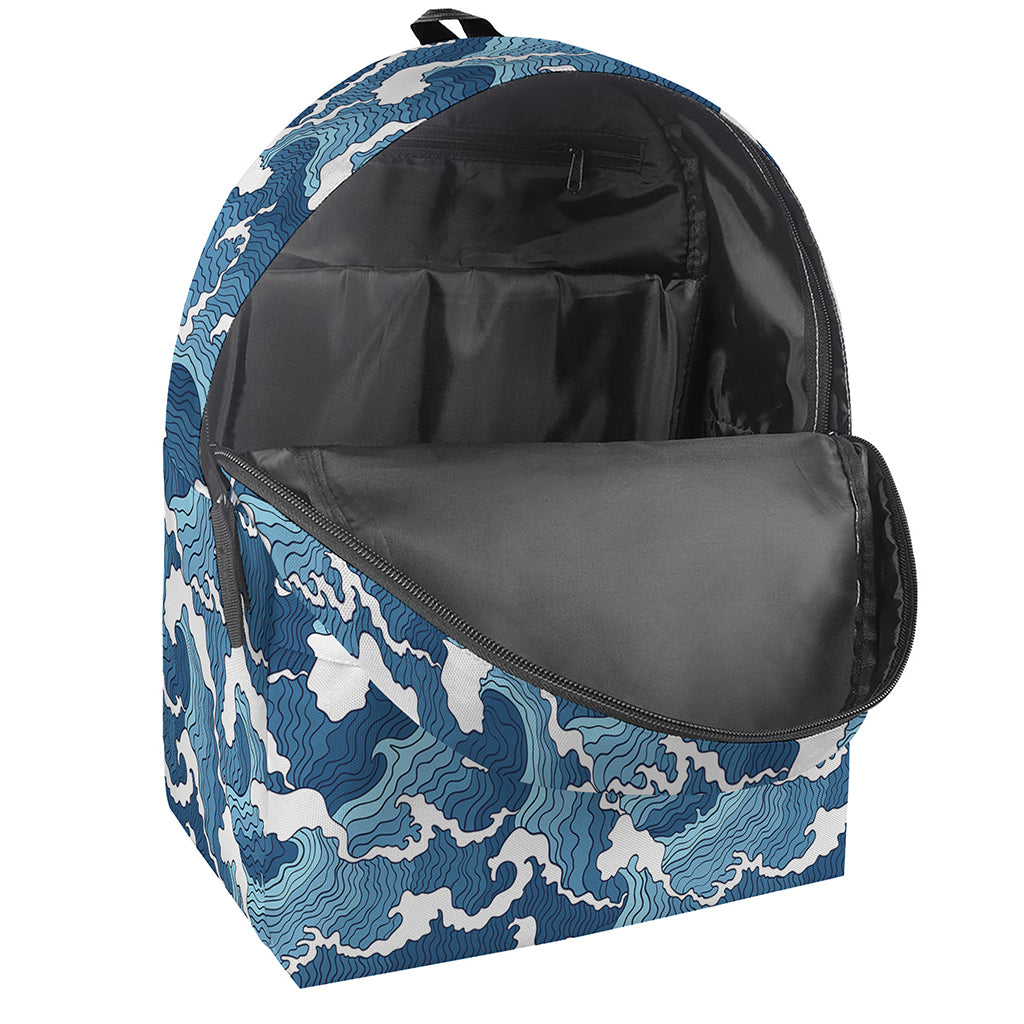 Blue Japanese Wave Pattern Print Backpack