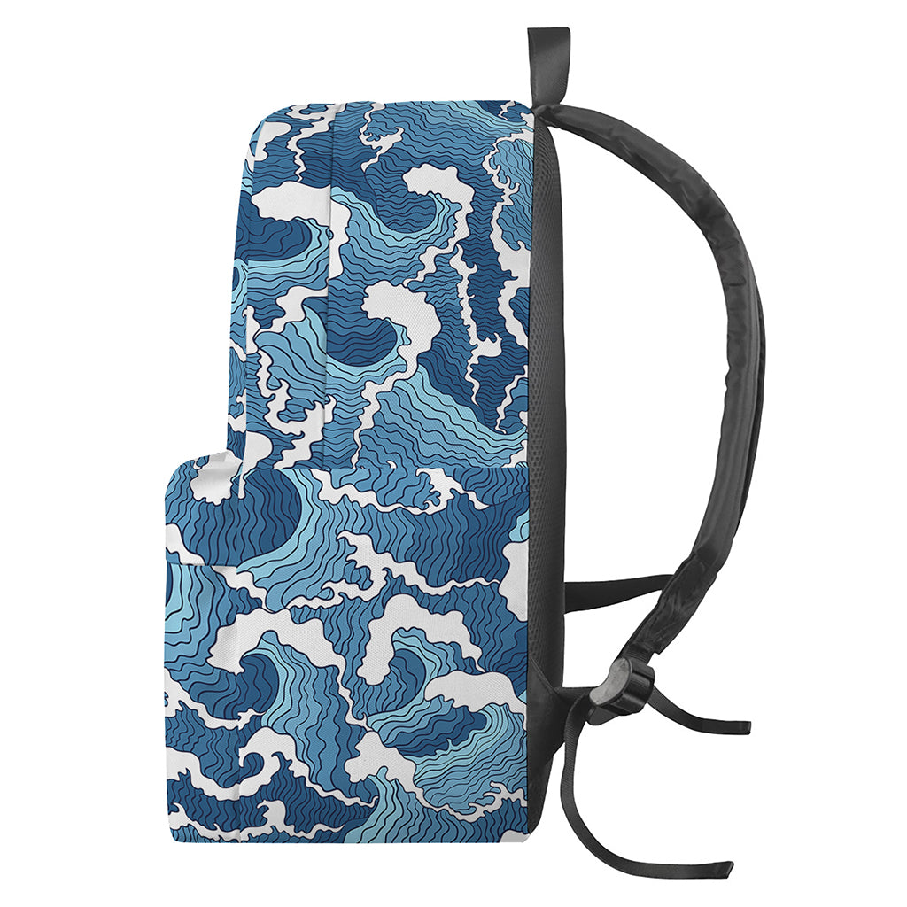 Blue Japanese Wave Pattern Print Backpack